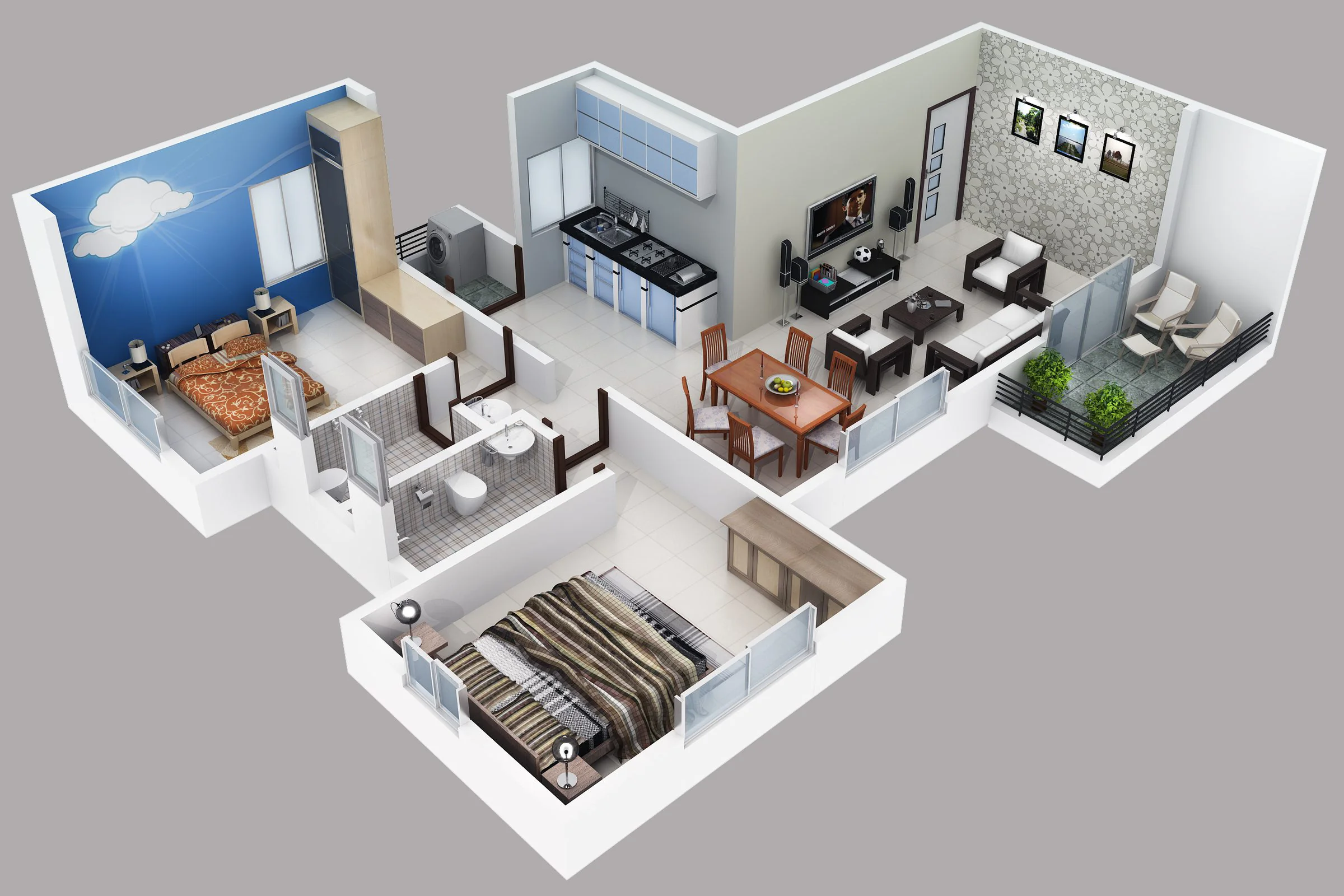 Cutaway floor plan of a 40 Hyde Park residence: two bedrooms, a combined living and dining space, and a balcony off the living room