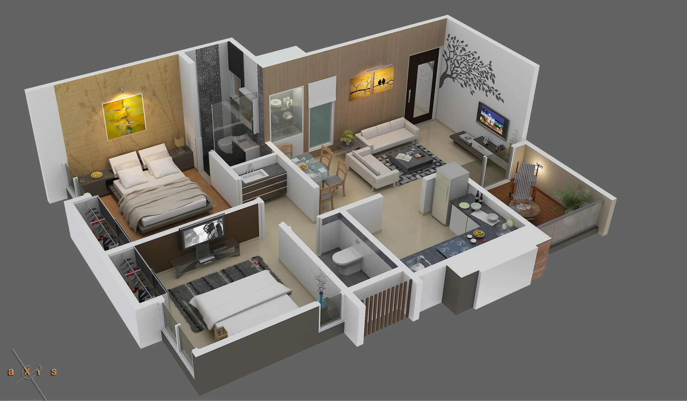Cutaway floor plan of a Mayfair residence: two bedrooms, a living and dining space, and a kitchen off the entrance