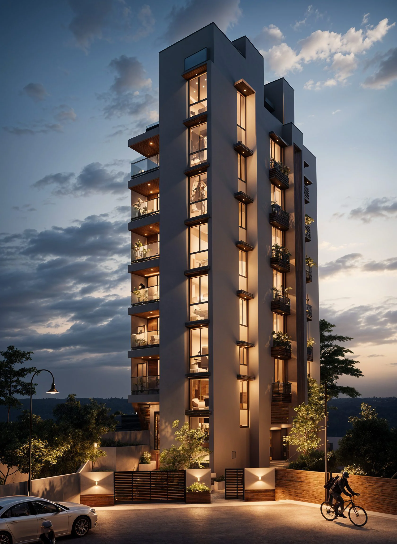 Savali from the street at dusk, its balconies planted and the stair core lit the full height of the building