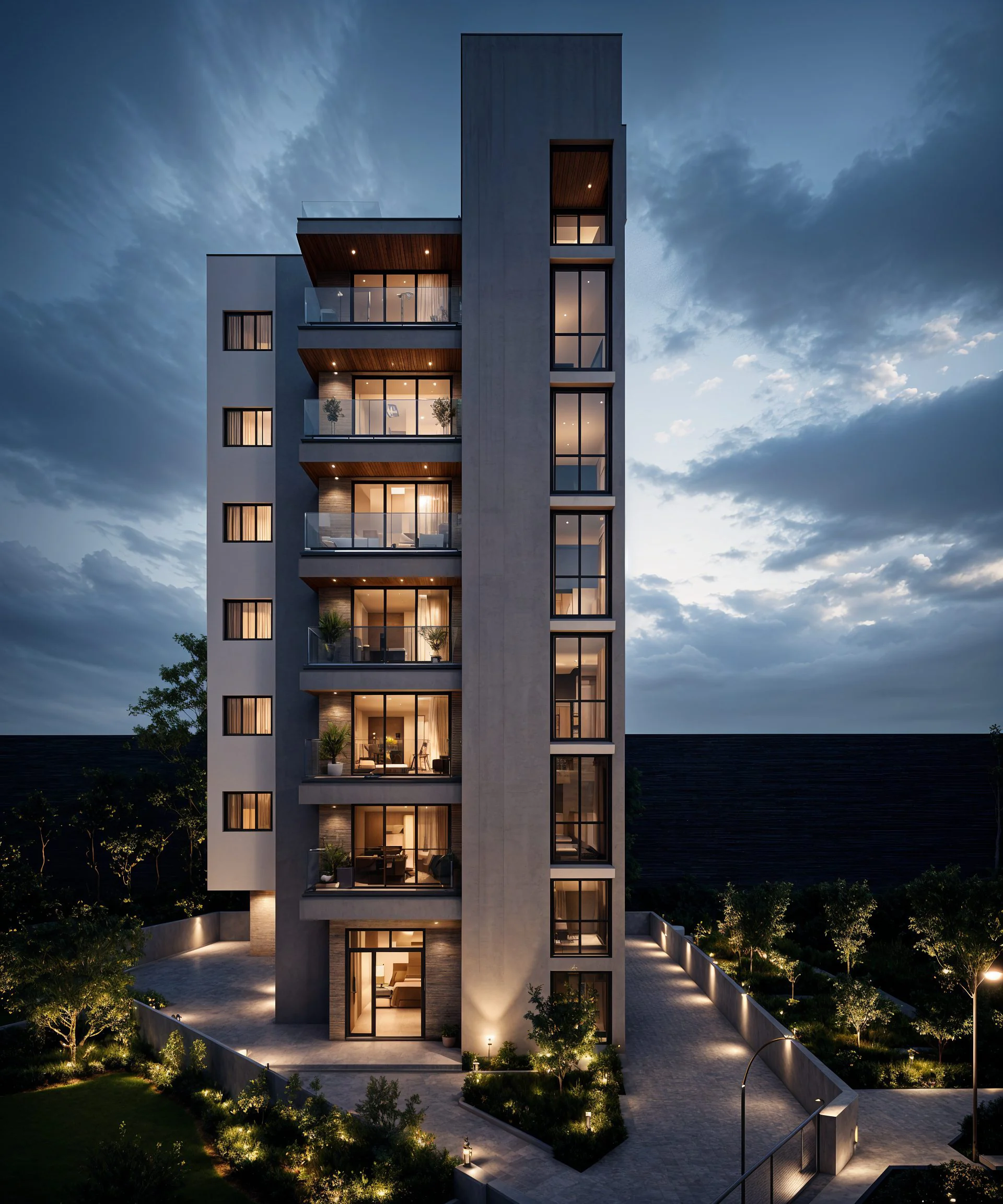 Savali at dusk: a slender six-storey building in pale concrete, each floor opening to a planted balcony, lit from within