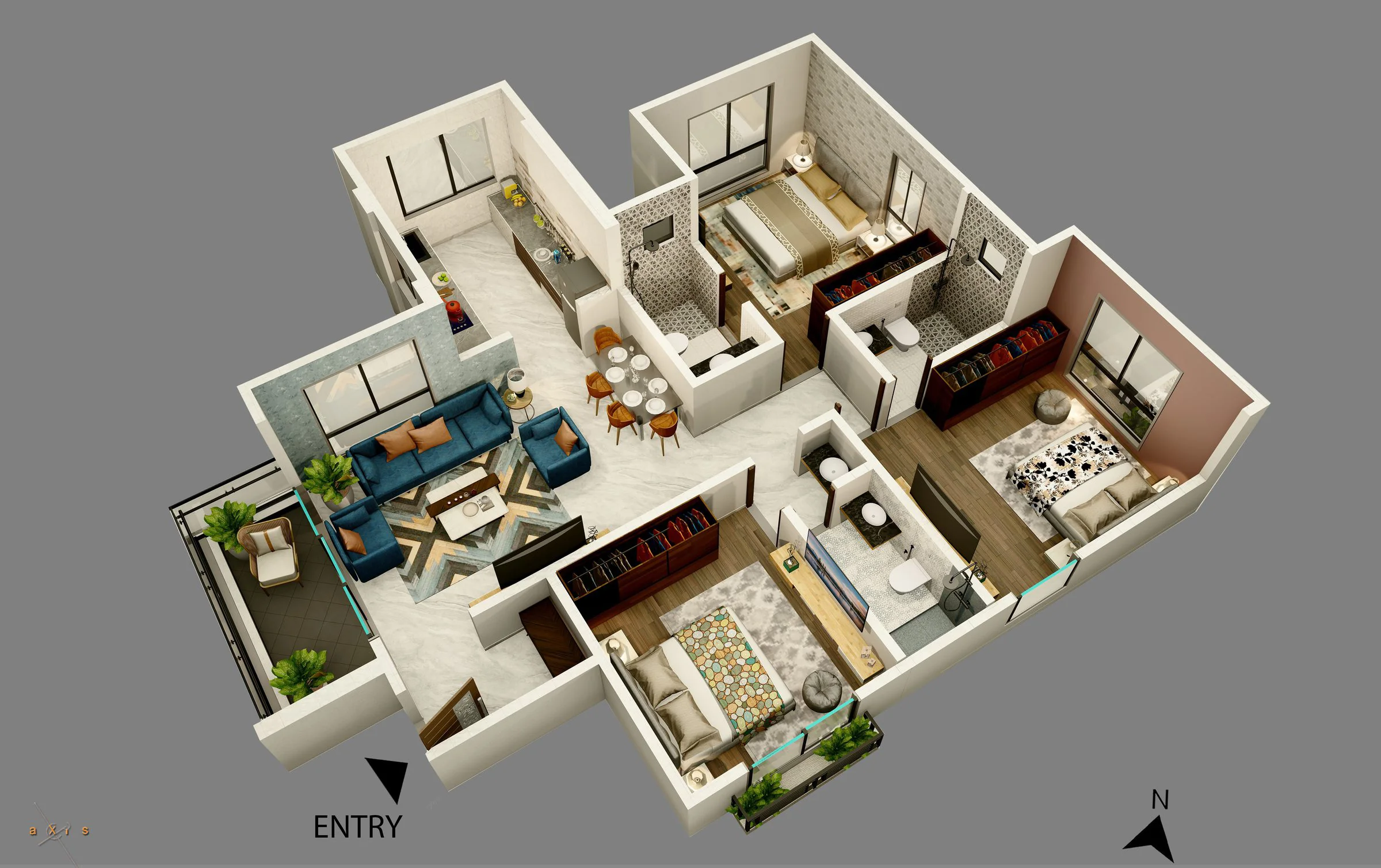 Cutaway floor plan of a typical Savali residence: three bedrooms, a central living and dining space, and balconies on two sides