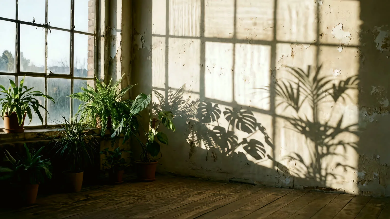 Low sun through a window grid, throwing leaf shadows across a weathered wall